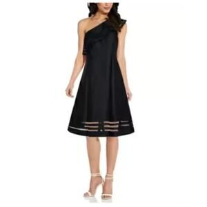 Adrianna Papell One Shoulder Ruffled A-Line Midi Cocktail Dress Black Size 8